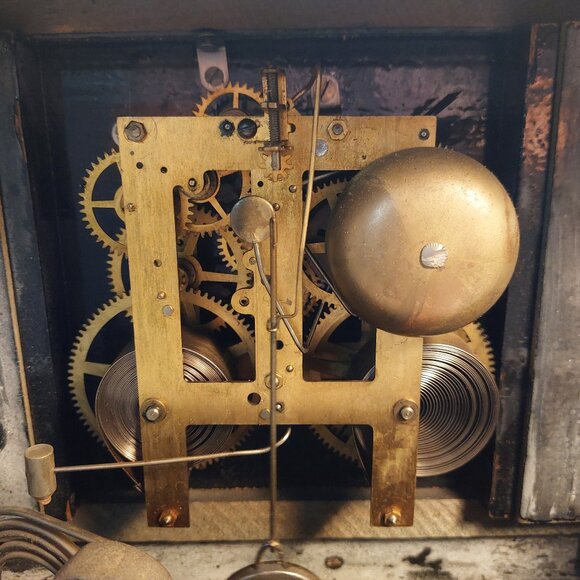 Vtg 1920s  "Longfellow" 8 Day Mantle Clock ~ Runs and has key and Pendulum - Picture 6 of 11